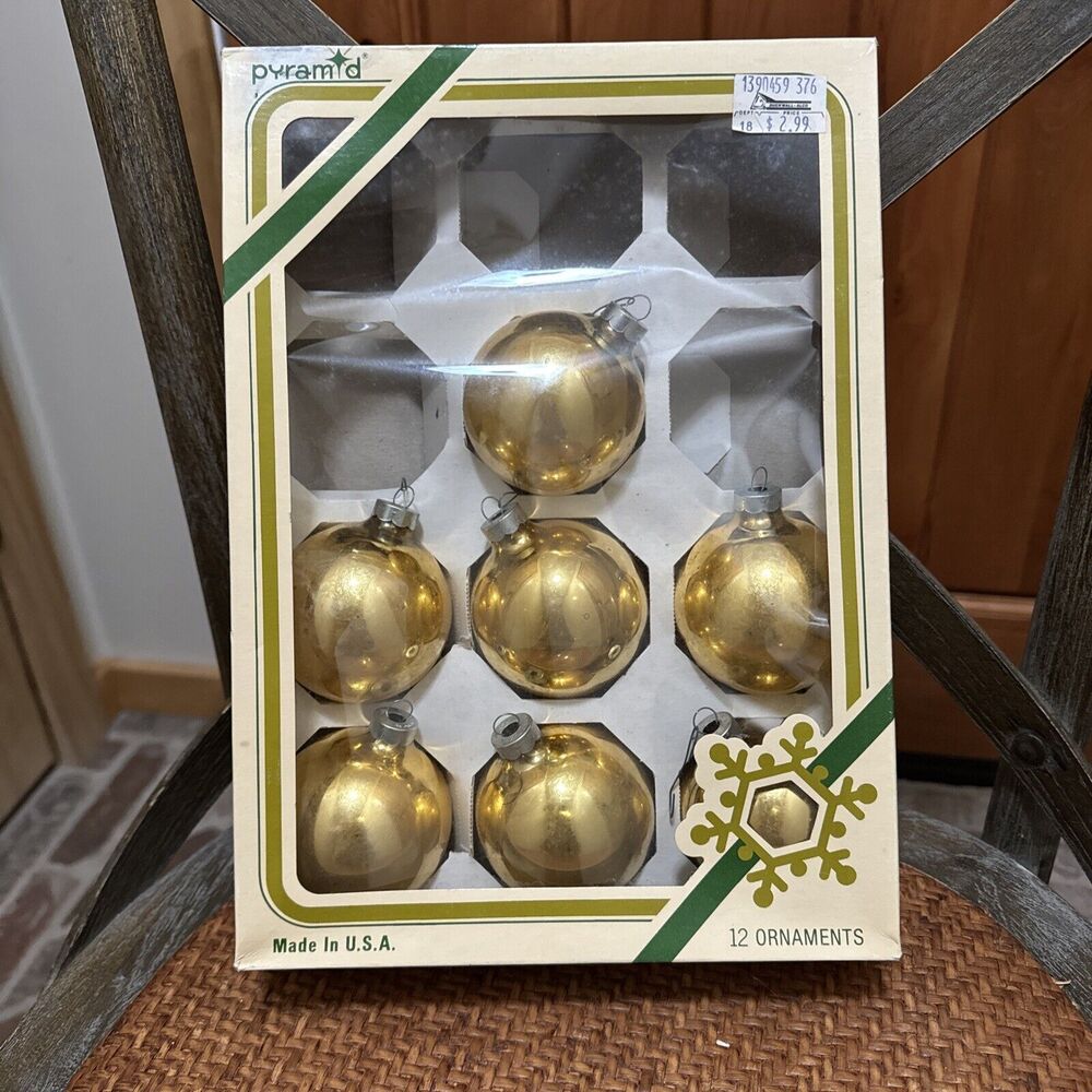 Vintage Pyramid Rauch Industries 7 Gold‎ Glass Ball Christmas Ornaments